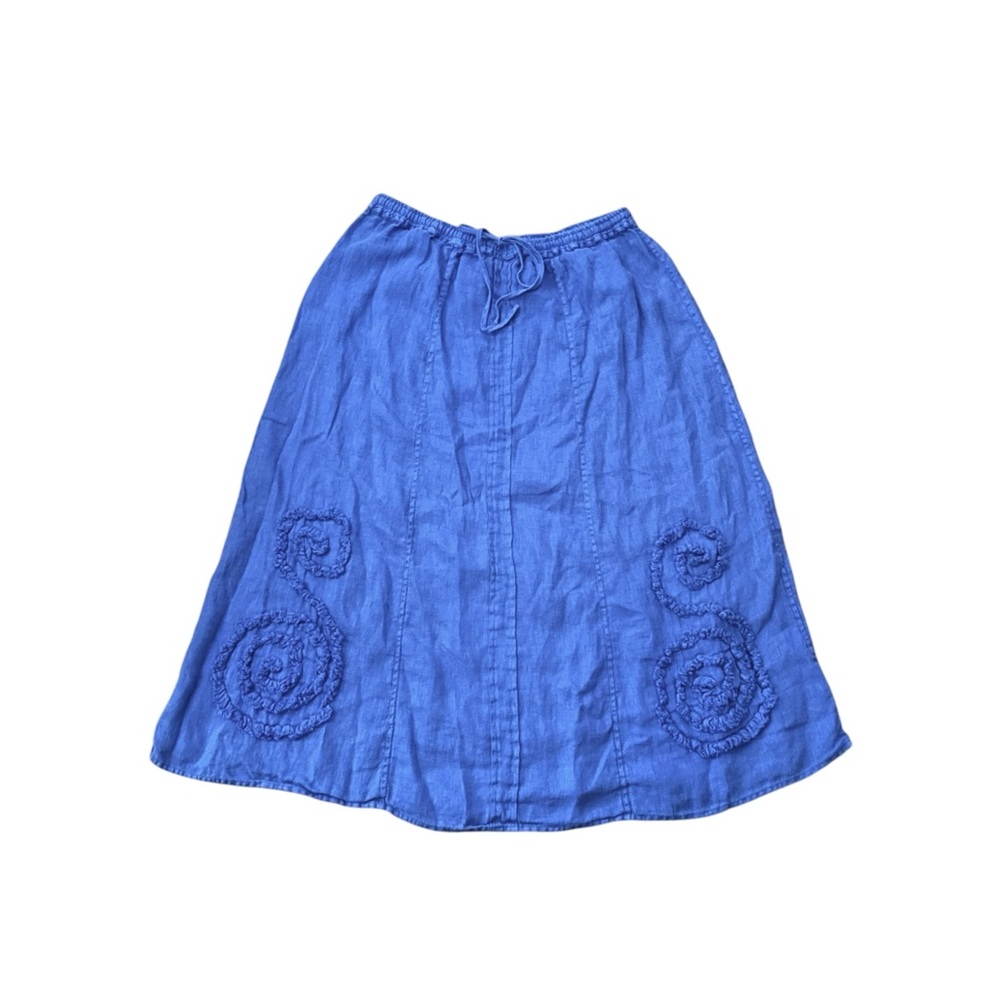 Cheyenne 100% Linen Drawstring Maxi Skirt Swirl Appliqué Blue Lagenlook Boho S/M